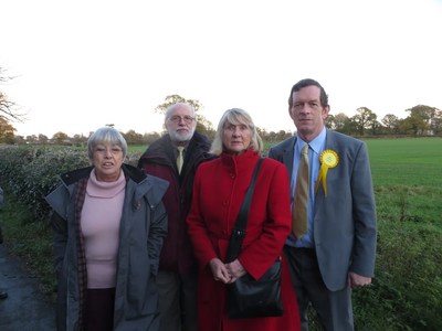 Baroness Joan Walmsley (in red) at the Ashlawn Road Development site with Rugby Liberal Democrats